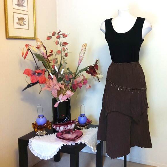 NWT Women Brown 2-Layers of Tiered Lined Elastic High Waist Asymmetrical Skirt - Picture 7 of 12